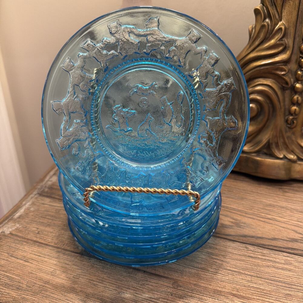 Indiana Glass Tiara Blue Nursery Rhymes Plates 6.5" Vintage - Set of 6